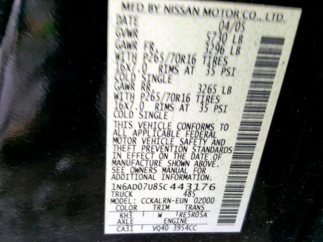 1N6AD07U85C443176 - 2005 NISSAN FRONTIER C BLACK photo 10