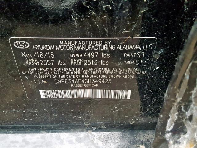 5NPE34AF4GH349425 - 2016 HYUNDAI SONATA SPO BLACK photo 10