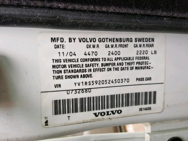 YV1RS592052450370 - 2005 VOLVO S60 2.5T WHITE photo 10