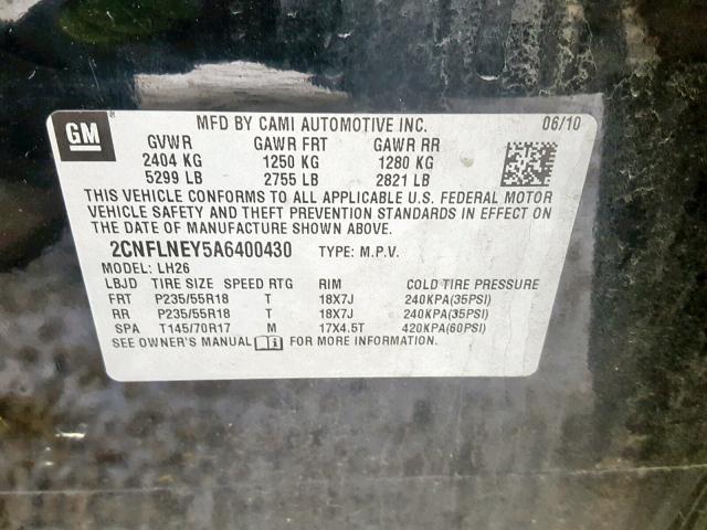 2CNFLNEY5A6400430 - 2010 CHEVROLET EQUINOX LT BLACK photo 10