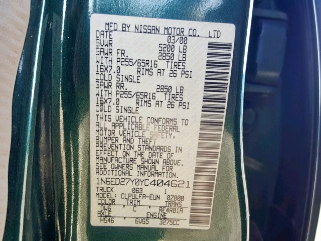 1N6ED27Y0YC404621 - 2000 NISSAN FRONTIER C GREEN photo 10