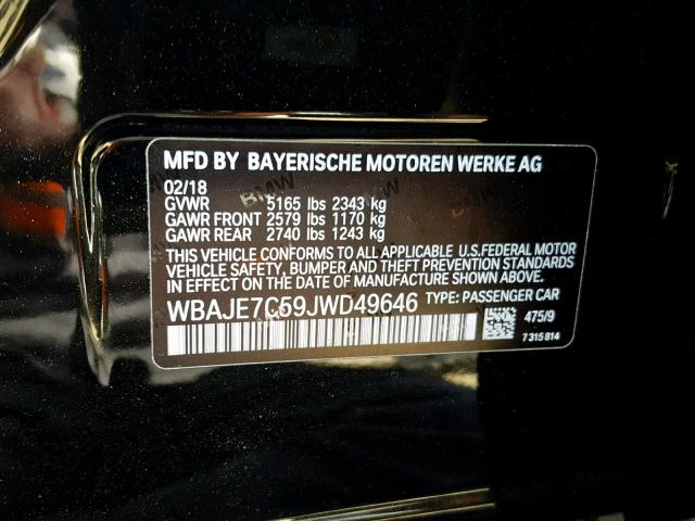 WBAJE7C59JWD49646 - 2018 BMW 540 XI BLACK photo 10