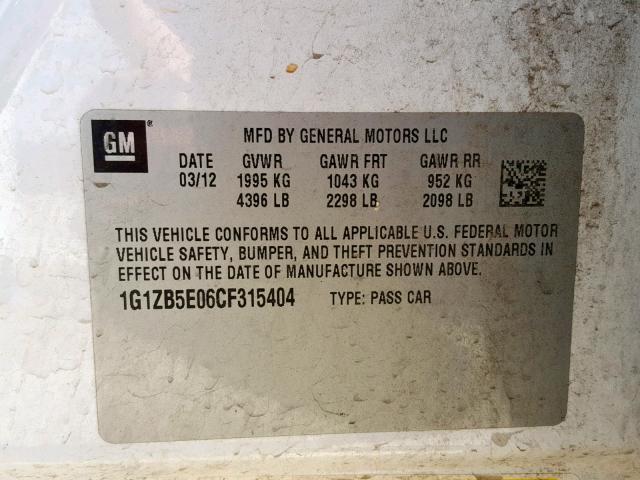 1G1ZB5E06CF315404 - 2012 CHEVROLET MALIBU LS თეთრი ფოტო 10