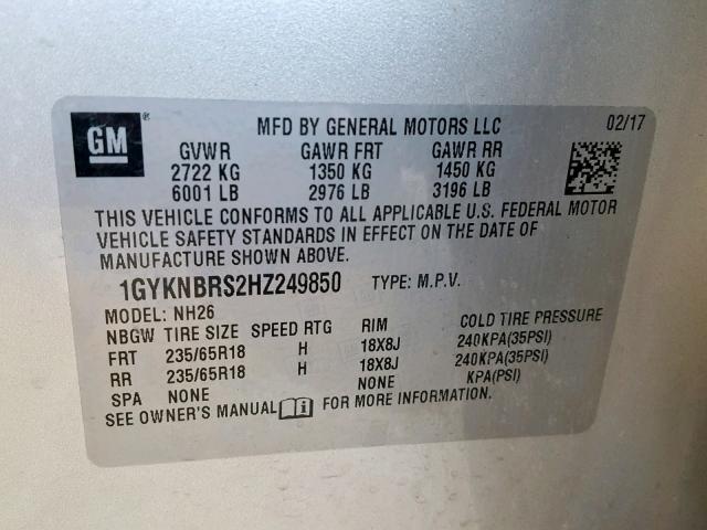 1GYKNBRS2HZ249850 - 2017 CADILLAC XT5 LUXURY SILVER photo 10