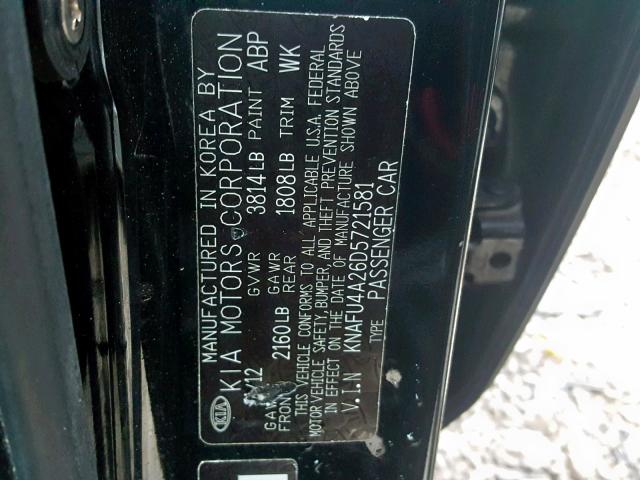 KNAFU4A26D5721581 - 2013 KIA FORTE EX BLACK photo 10