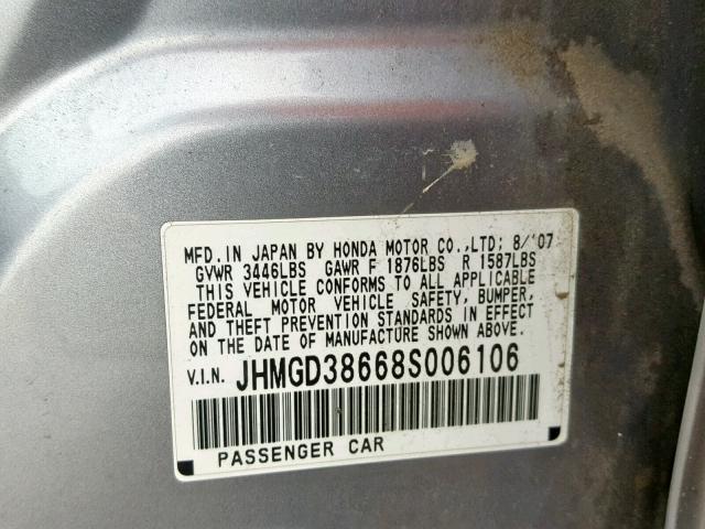 JHMGD38668S006106 - 2008 HONDA FIT SPORT SILVER photo 10