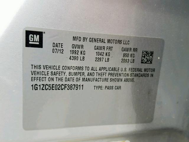 1G1ZC5E02CF387911 - 2012 CHEVROLET MALIBU 1LT 银色 照片 10