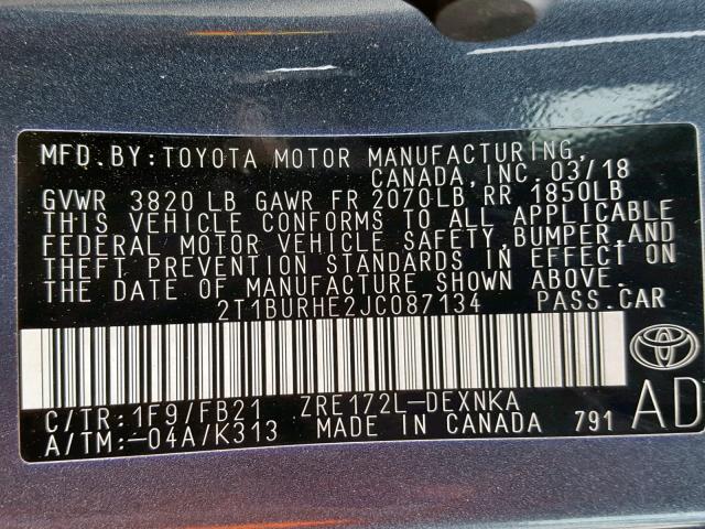 2T1BURHE2JC087134 - 2018 TOYOTA COROLLA L ნაცრისფერი ფოტო 10