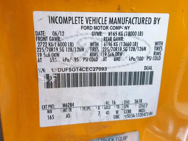 1FDUF5GT4CEC27093 - 2012 FORD F550 SUPER YELLOW photo 10