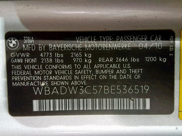 WBADW3C57BE536519 - 2011 BMW 328 I SILVER photo 10