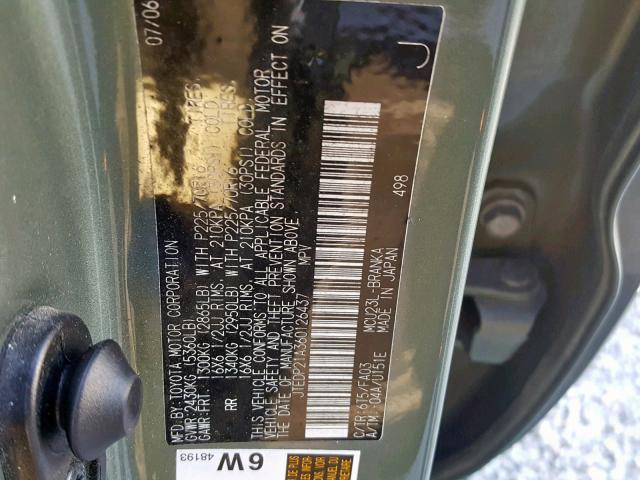 JTEDP21A360126437 - 2006 TOYOTA HIGHLANDER GREEN photo 10