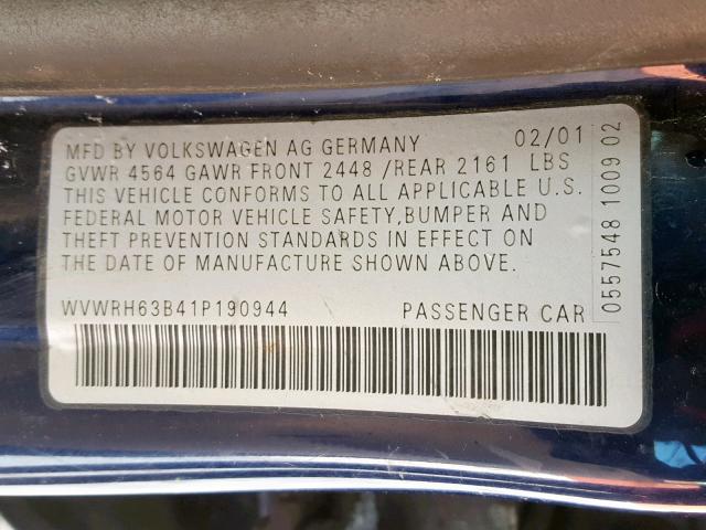 WVWRH63B41P190944 - 2001 VOLKSWAGEN PASSAT GLX BLUE photo 10