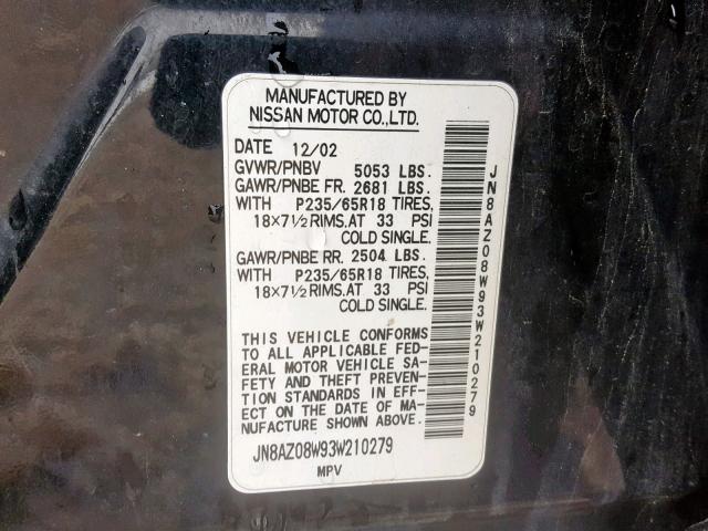 JN8AZ08W93W210279 - 2003 NISSAN MURANO SL BLACK photo 10