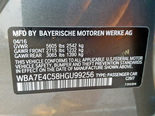 WBA7E4C58HGU99256 - 2017 BMW 740 XI CHARCOAL photo 10