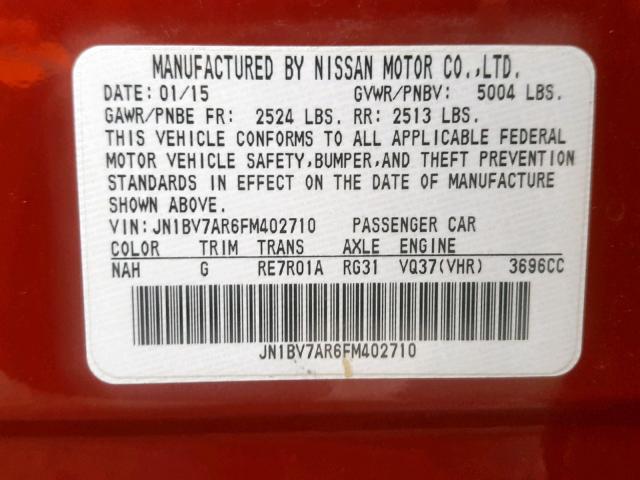 JN1BV7AR6FM402710 - 2015 INFINITI Q50 BASE RED photo 10