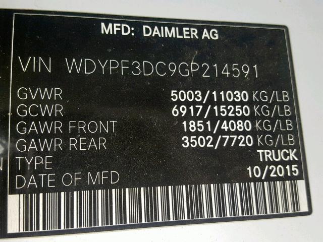 WDYPF3DC9GP214591 - 2016 FREIGHTLINER SPRINTER 3 WHITE photo 10