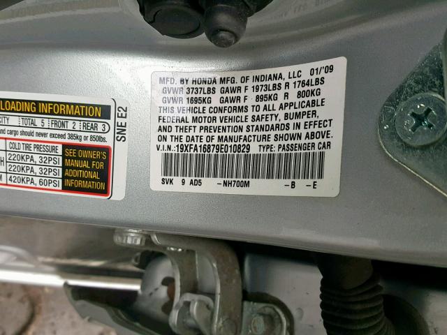 19XFA16879E010829 - 2009 HONDA CIVIC EX SILVER photo 10