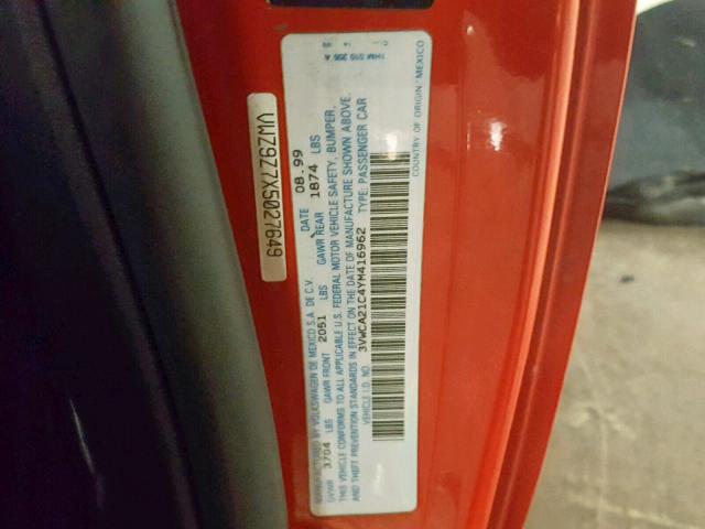 3VWCA21C4YM416962 - 2000 VOLKSWAGEN NEW BEETLE Qırmızı foto 10