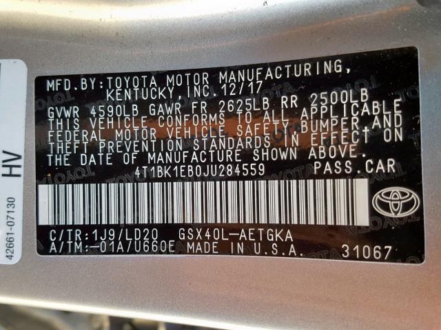 4T1BK1EB0JU284559 - 2018 TOYOTA AVALON XLE SILVER photo 10