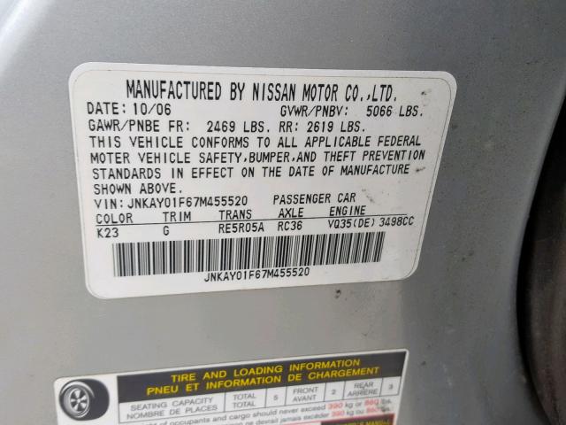 JNKAY01F67M455520 - 2007 INFINITI M35 BASE SILVER photo 10