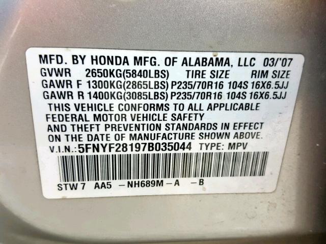 5FNYF28197B035044 - 2007 HONDA PILOT LX SILVER photo 10