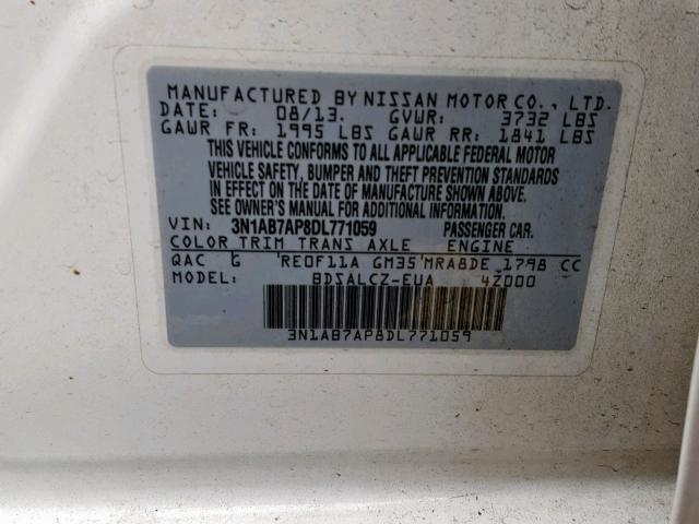 3N1AB7AP8DL771059 - 2013 NISSAN SENTRA S WHITE photo 10