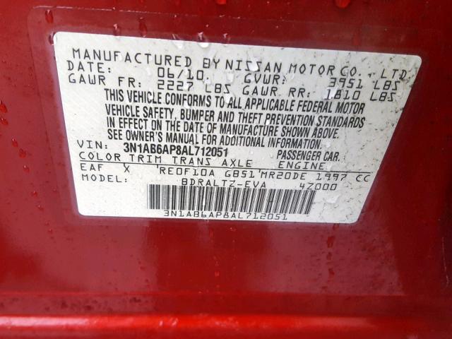 3N1AB6AP8AL712051 - 2010 NISSAN SENTRA 2.0 RED photo 10