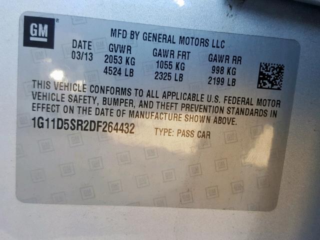 1G11D5SR2DF264432 - 2013 CHEVROLET MALIBU 1LT 银色 照片 10