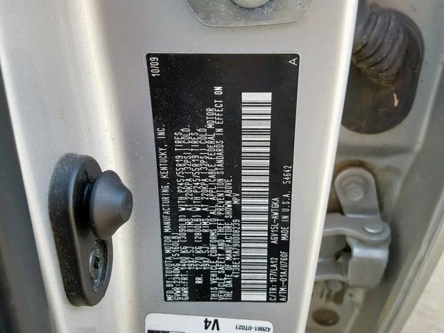 4T3BE11A79U008239 - 2009 TOYOTA VENZA BASE SILVER photo 10