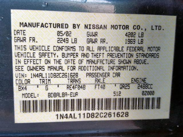 1N4AL11D82C261628 - 2002 NISSAN ALTIMA BAS GREEN photo 10