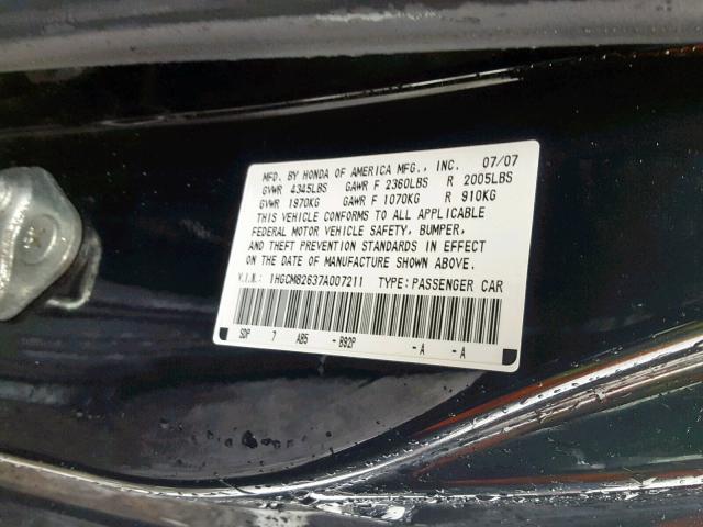 1HGCM82637A007211 - 2007 HONDA ACCORD EX BLACK photo 10