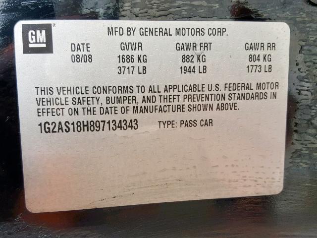 1G2AS18H897134343 - 2009 PONTIAC G5 BLACK photo 10