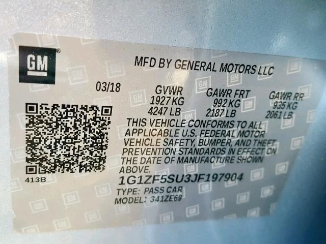 1G1ZF5SU3JF197904 - 2018 CHEVROLET MALIBU HYB BLUE photo 10