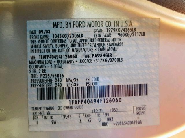 1FAFP40494F126060 - 2004 FORD MUSTANG SILVER photo 10
