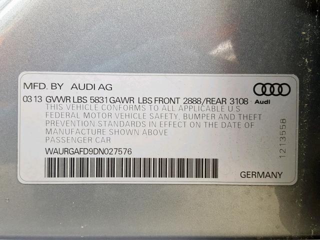 WAURGAFD9DN027576 - 2013 AUDI A8 L QUATT GRAY photo 10