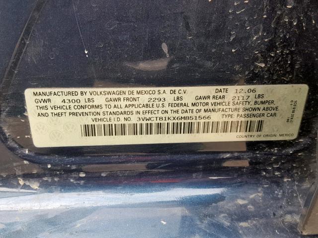 3VWCT81KX6M851566 - 2006 VOLKSWAGEN JETTA TDI BLUE photo 10