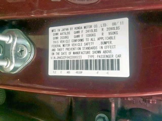 JH4CU2F64CC000223 - 2012 ACURA TSX TECH BURGUNDY photo 10