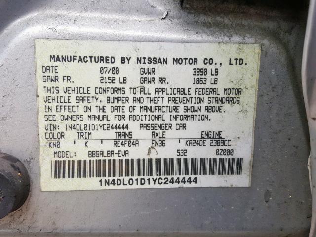 1N4DL01D1YC244444 - 2000 NISSAN ALTIMA XE SILVER photo 10