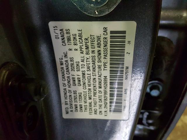 2HGFB2F99FH526994 - 2015 HONDA CIVIC EXL GRAY photo 10