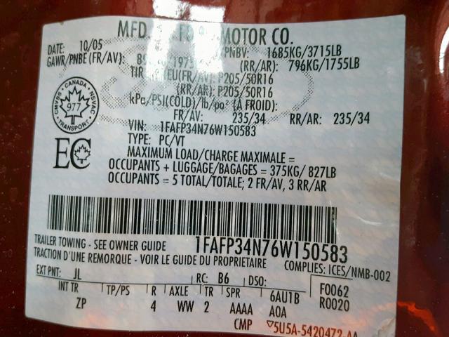 1FAFP34N76W150583 - 2006 FORD FOCUS ZX4 RED photo 10