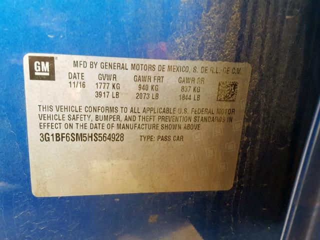 3G1BF6SM5HS564928 - 2017 CHEVROLET CRUZE PREM BLUE photo 10