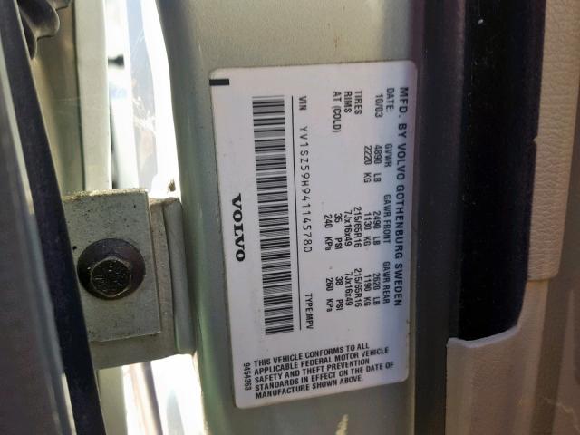 YV1SZ59H941145780 - 2004 VOLVO XC70 SILVER photo 10