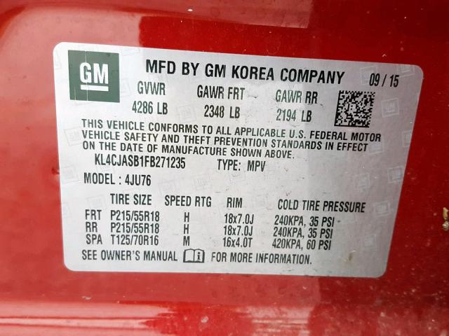 KL4CJASB1FB271235 - 2015 BUICK ENCORE RED photo 10