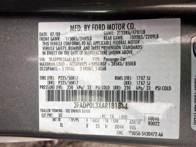 3FADP0L3XAR181814 - 2010 FORD FUSION HYB GRAY photo 10