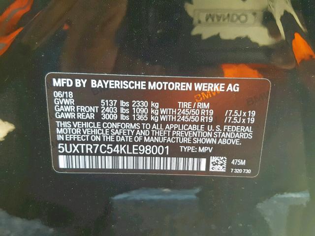 5UXTR7C54KLE98001 - 2019 BMW X3 SDRIVE3 BLACK photo 10