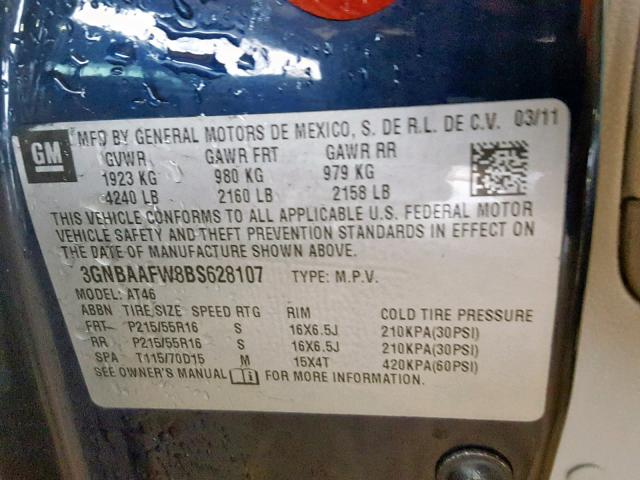 3GNBAAFW8BS628107 - 2011 CHEVROLET HHR LS BLUE photo 10