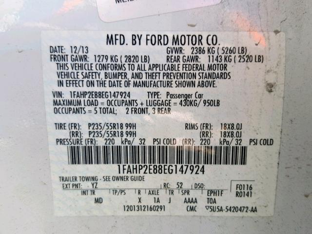 1FAHP2E88EG147924 - 2014 FORD TAURUS SEL WHITE photo 10