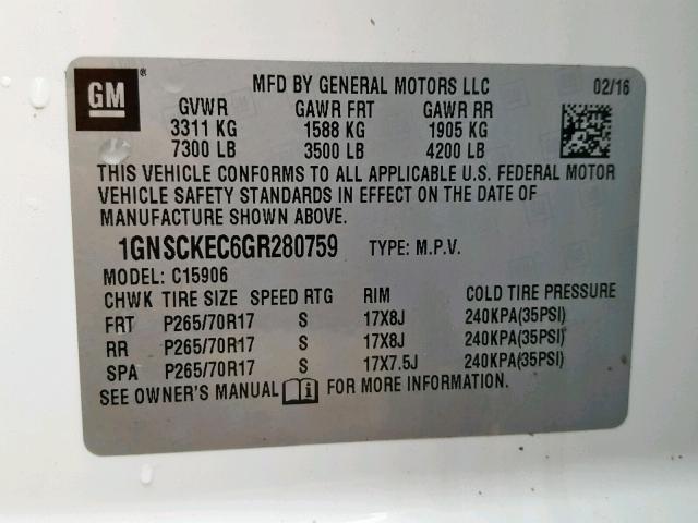 1GNSCKEC6GR280759 - 2016 CHEVROLET SUBURBAN C WHITE photo 10