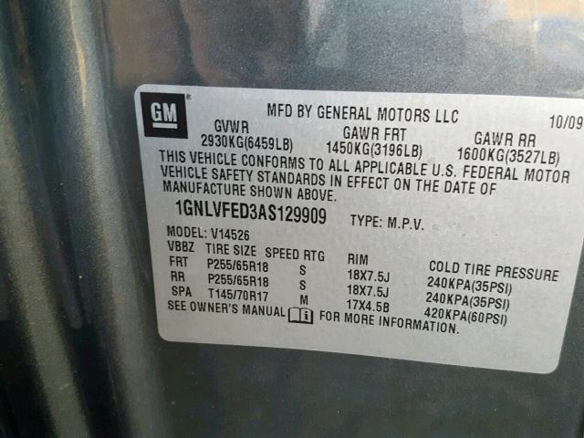 1GNLVFED3AS129909 - 2010 CHEVROLET TRAVERSE L CHARCOAL photo 10