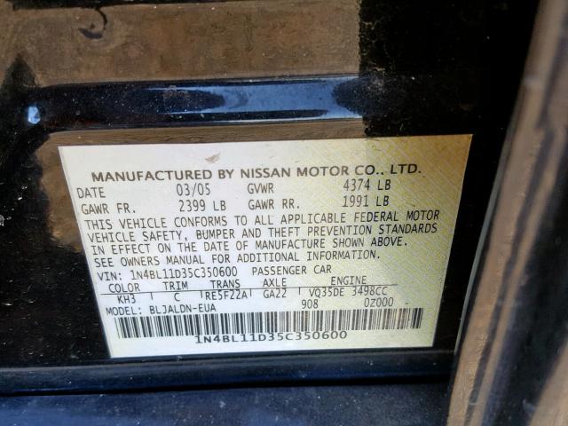 1N4BL11D35C350600 - 2005 NISSAN ALTIMA SE BLACK photo 10